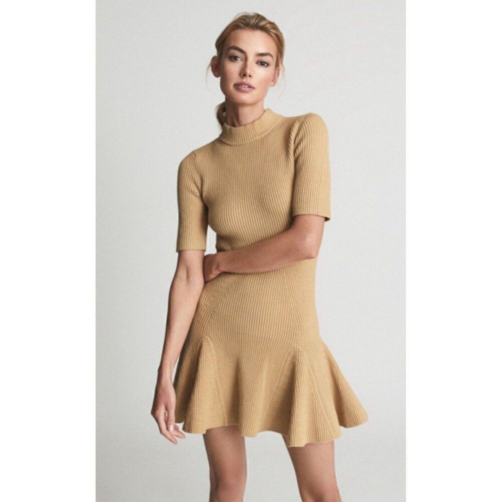 REISS Amelia Mock Neck Rib Sweater Dress Beige Tan Short Sleeve Mini Xs